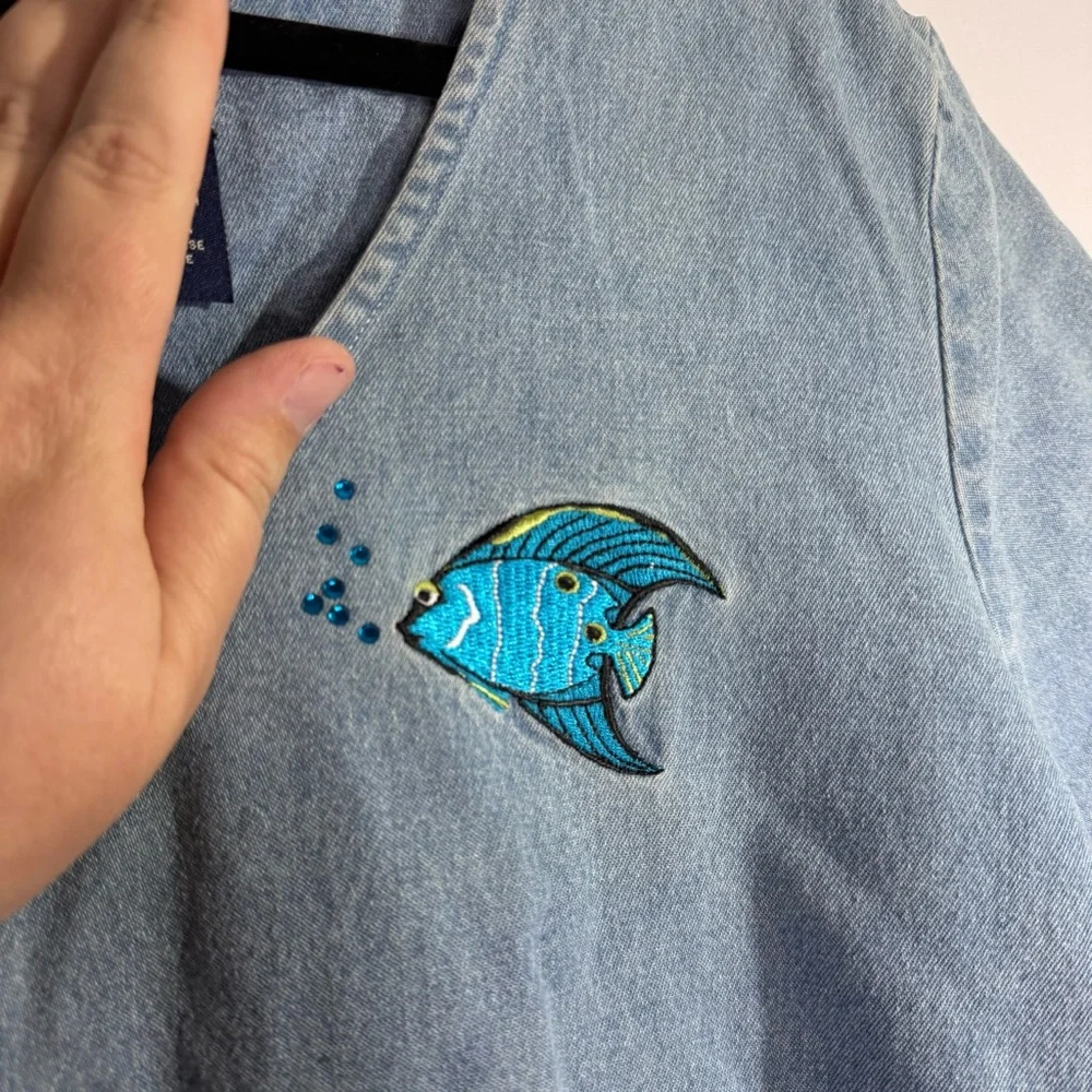 CB Casual Plus Chambray Fish Dress 2X Denim Beach Nautical Embroidered NWT - Picture 5 of 8